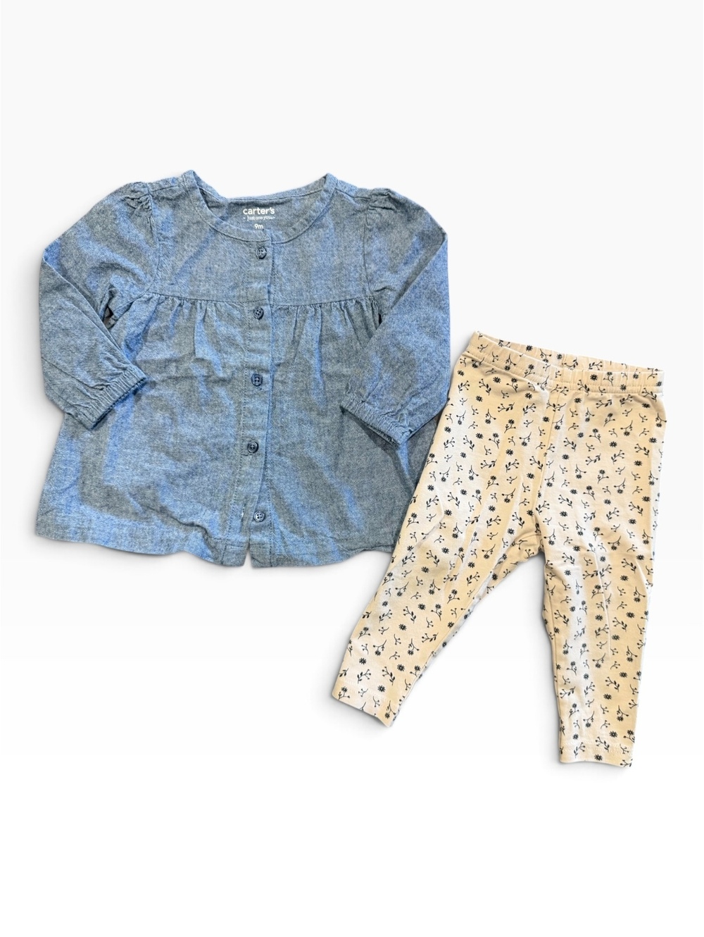 Carter's Baby Girl 2-Piece Set Chambray Top Floral Leggings, Size 9 Months